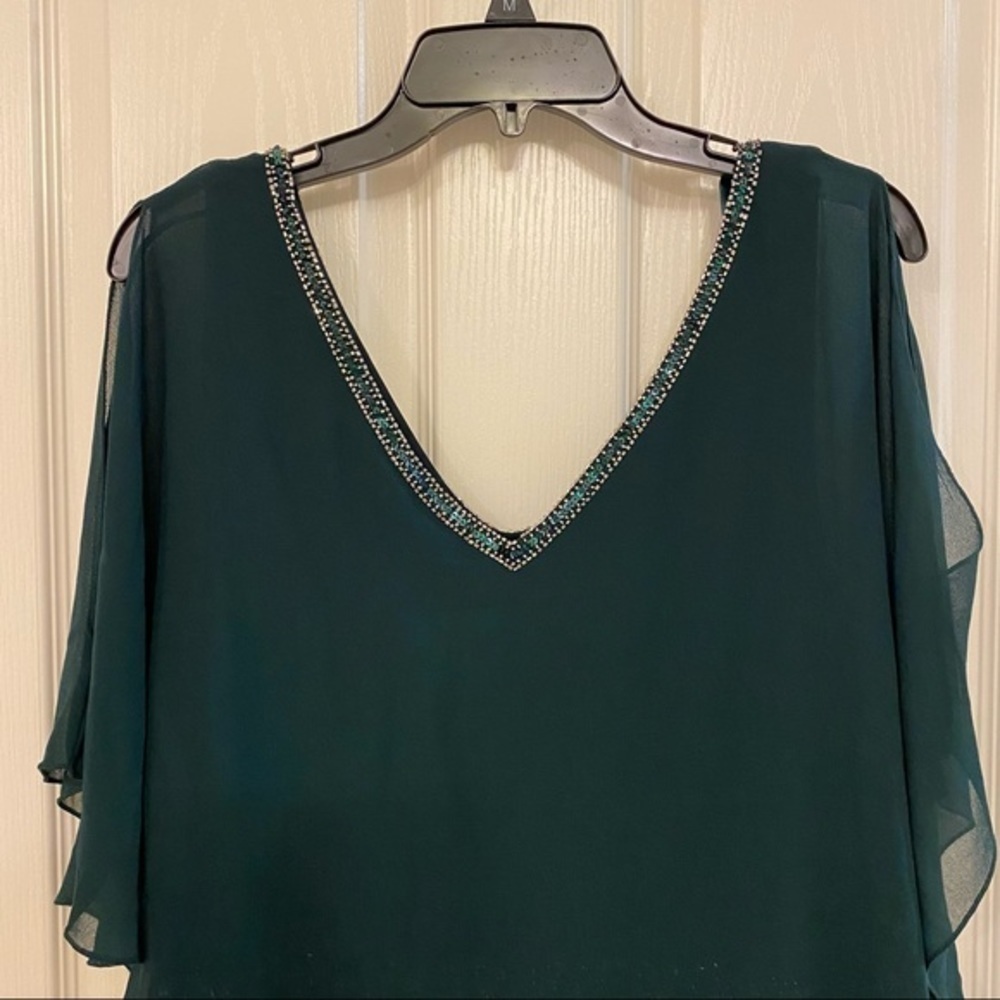 J Kara Asymmetrical-Overlay Embellished Dress in Hunter Green - Picture 8 of 11